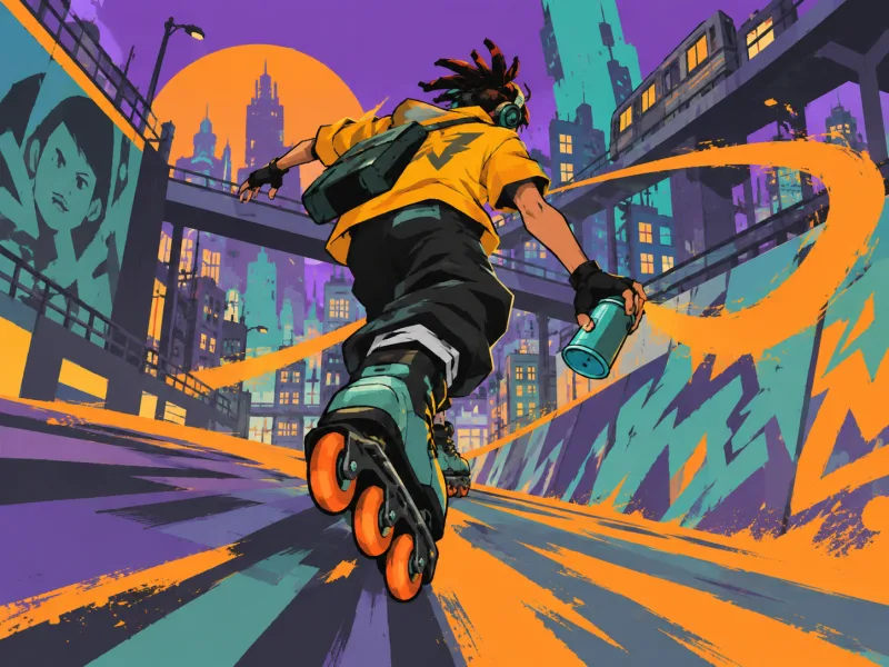 AI-generated editorial illustration for Jet Grind Radio on Dreamcast; not official box art
